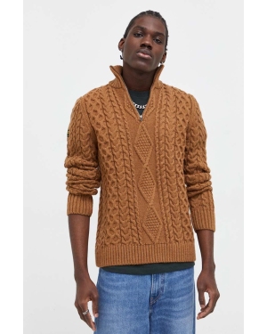Superdry sweter z domieszką wełny męski kolor brązowy ciepły z półgolfem