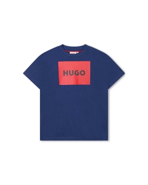 HUGO t-shirt bawełniany dziecięcy kolor niebieski z nadrukiem
