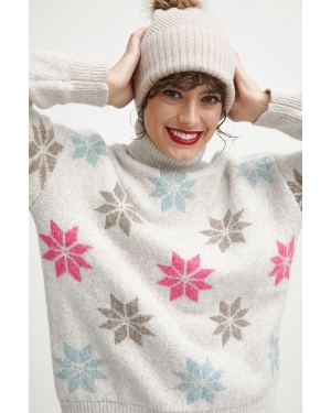 Medicine sweter z domieszką wełny damski kolor beżowy ciepły z golfem