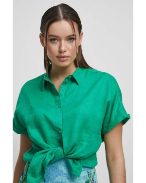 Medicine koszula lniana damska kolor zielony regular z kołnierzykiem klasycznym