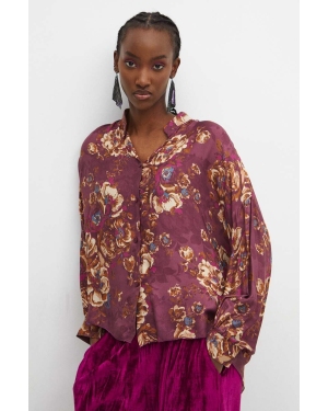 Medicine koszula z domieszką jedwabiu damska kolor fioletowy relaxed ze stójką