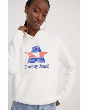 Tommy Jeans bluza bawełniana damska kolor beżowy z kapturem z nadrukiem