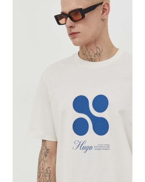 HUGO t-shirt bawełniany męski kolor beżowy z nadrukiem