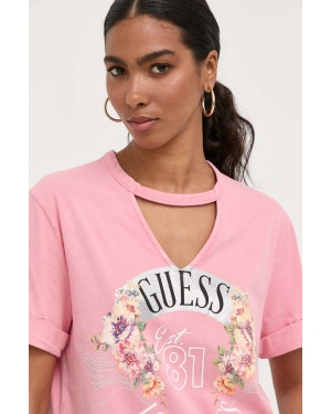 Guess t-shirt bawełniany kolor różowy