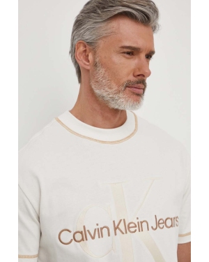 Calvin Klein Jeans t-shirt bawełniany męski kolor beżowy z aplikacją
