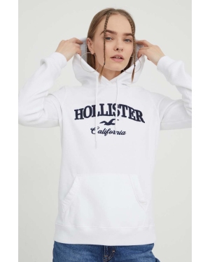 Hollister Co. bluza damska kolor biały z kapturem z aplikacją