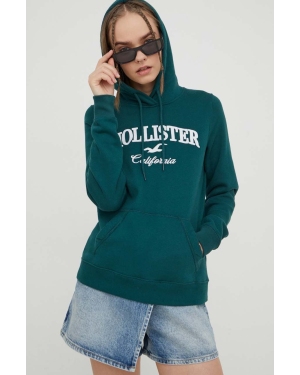 Hollister Co. bluza damska kolor zielony z kapturem z aplikacją