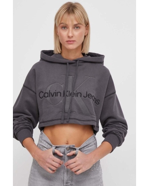 Calvin Klein Jeans bluza bawełniana damska kolor szary z kapturem z aplikacją