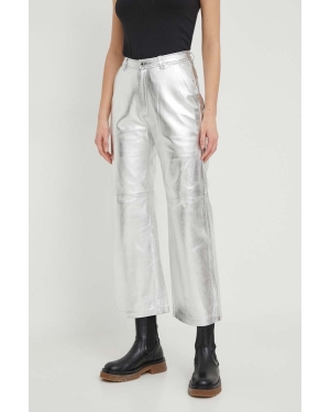 Pepe Jeans spodnie skórzane damskie kolor srebrny proste high waist