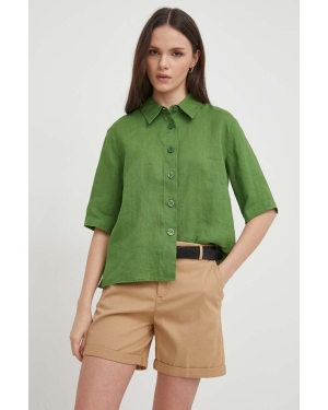 United Colors of Benetton koszula lniana kolor zielony regular z kołnierzykiem klasycznym