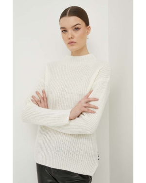 HUGO sweter wełniany damski kolor beżowy z półgolfem