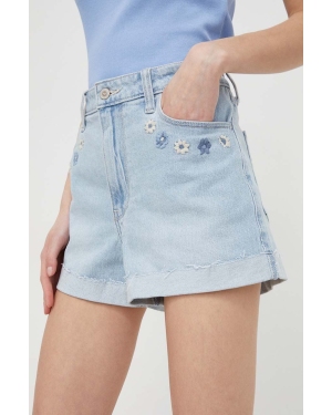 Hollister Co. szorty jeansowe damskie kolor niebieski z aplikacją high waist