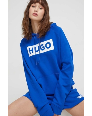 Hugo Blue bluza bawełniana damska kolor niebieski z kapturem z nadrukiem 50515818