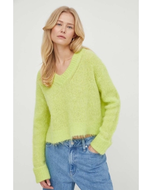 American Vintage sweter wełniany PULL ML COL V damski kolor zielony BYM18AE24