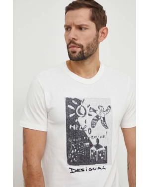 Desigual t-shirt bawełniany męski kolor beżowy z aplikacją