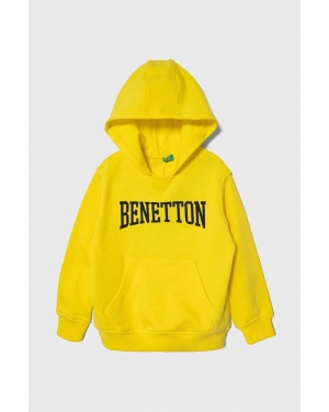 United Colors of Benetton bluza bawełniana dziecięca kolor żółty z kapturem wzorzysta