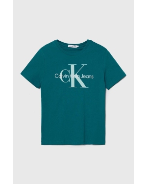 Calvin Klein Jeans t-shirt bawełniany dziecięcy kolor turkusowy z nadrukiem
