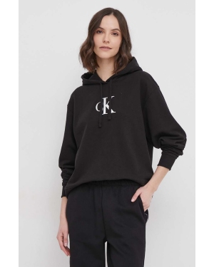 Calvin Klein Jeans bluza bawełniana damska kolor czarny z kapturem z nadrukiem