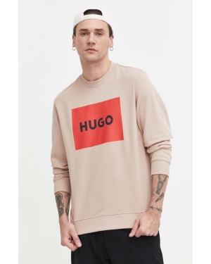 HUGO bluza bawełniana męska kolor beżowy z nadrukiem
