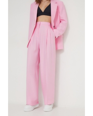 HUGO spodnie z domieszką lnu kolor różowy proste high waist