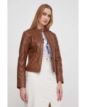 Pepe Jeans kurtka skórzana damska kolor brązowy przejściowa