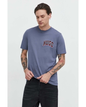 HUGO t-shirt bawełniany męski kolor niebieski z aplikacją
