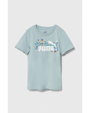 Puma t-shirt bawełniany dziecięcy ESS+ SUMMER CAMP Tee kolor turkusowy z nadrukiem