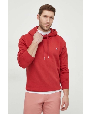 Calvin Klein Jeans bluza męska kolor czerwony z kapturem gładka