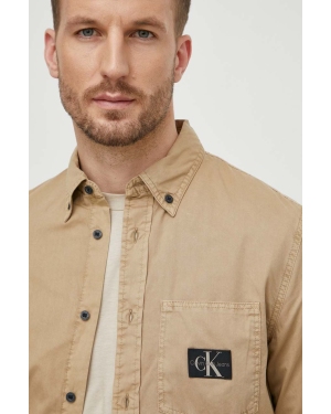 Calvin Klein Jeans koszula bawełniana męska kolor beżowy regular z kołnierzykiem button-down