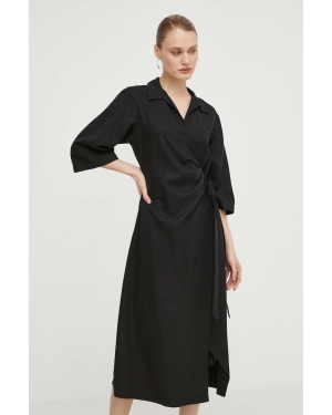 Samsoe Samsoe sukienka z domieszką lnu kolor czarny midi rozkloszowana