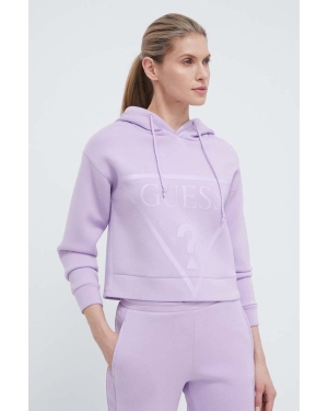 Guess bluza damska kolor fioletowy z kapturem z nadrukiem