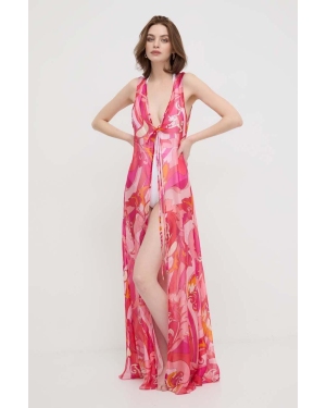 Guess sukienka plażowa z jedwabiem kolor różowy