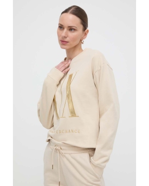 Armani Exchange bluza bawełniana damska kolor beżowy z aplikacją