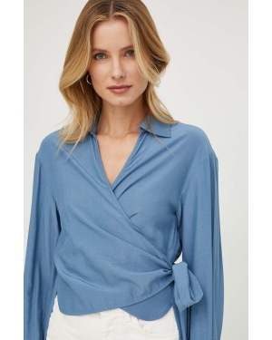 Sisley bluzka damska kolor niebieski regular z kołnierzykiem klasycznym