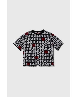 HUGO t-shirt bawełniany dziecięcy kolor czarny wzorzysty