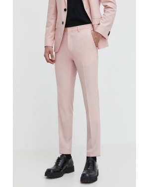 HUGO spodnie z domieszką wełny kolor różowy dopasowane
