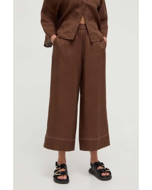 Max Mara Leisure spodnie lniane kolor brązowy szerokie high waist 2416131048600
