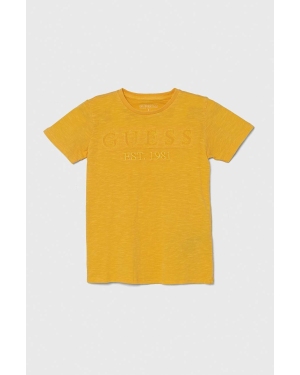 Guess t-shirt bawełniany dziecięcy kolor żółty z aplikacją
