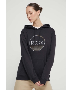 Roxy bluza damska kolor czarny z kapturem z nadrukiem ERJFT04815