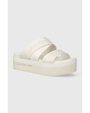 Calvin Klein Jeans klapki FLATFORM SANDAL WEBBING IN MR damskie kolor beżowy na platformie YW0YW01361