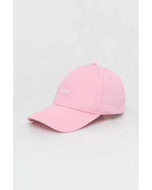 HUGO czapka z daszkiem bawełniana kolor różowy z nadrukiem