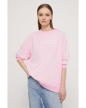 HUGO bluza bawełniana damska kolor różowy z aplikacją