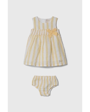 Guess sukienka niemowlęca z domieszką lnu kolor żółty mini rozkloszowana
