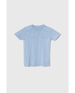 Guess t-shirt bawełniany dziecięcy kolor niebieski z aplikacją