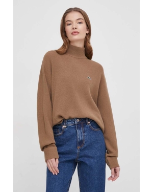 Lacoste sweter wełniany damski kolor brązowy z półgolfem