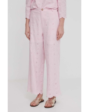 Pepe Jeans spodnie lniane kolor różowy szerokie high waist