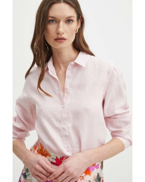 Medicine koszula lniana damska kolor różowy regular z kołnierzykiem klasycznym