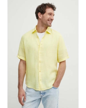BOSS koszula lniana BOSS ORANGE kolor żółty regular z kołnierzykiem klasycznym