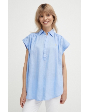 Polo Ralph Lauren bluzka lniana kolor niebieski gładka 211935131