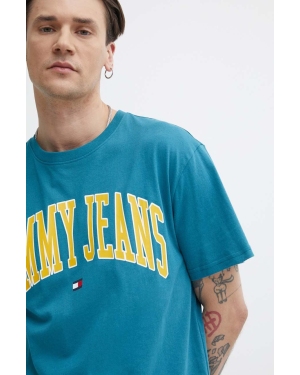 Tommy Jeans t-shirt bawełniany męski kolor turkusowy z nadrukiem DM0DM18558